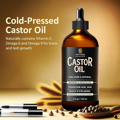 Pure Cold Pressed Hexane-Free Castor Oil - Glass Bottle for Hair Growth, Face, Scalp, Skin & Eyelashes - Nourishing & Moisturizing - 4 fl oz