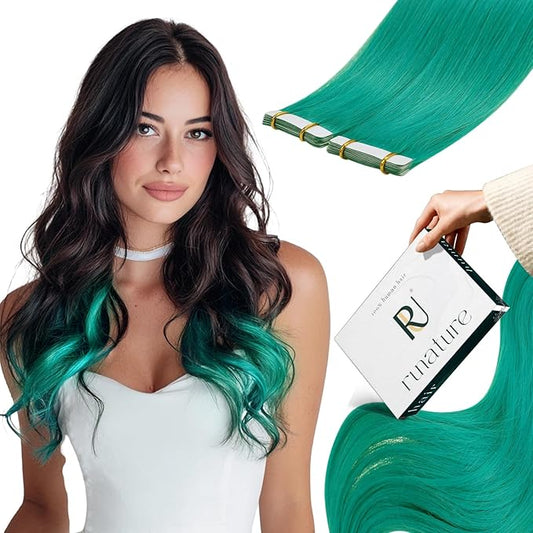 RUNATURE Colored Tape ins Human Hair Extensions Silky 20 Inch Long Tape in Teal Hair Extensions Natural Hair Invisible Glue in Remy Hair Extensions Teal Full Ends 10pcs 25g