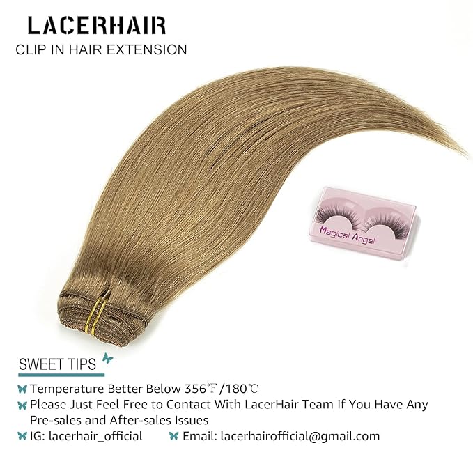 Lacer Hair Extensions Clip In Real Human Hair Extensions 120g 7 Pieces Silky Straight Weft Remy Human Hair Clip in Hair Extensions Light Brown #8 20 Inch