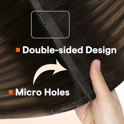 Full Shine Butterfly Weft Hair Extensions Human Hair 16 Inch Pu Hole Weft Human Hair Hand Tied Extensions Color Dark Brown Mixed Light Brown 80G