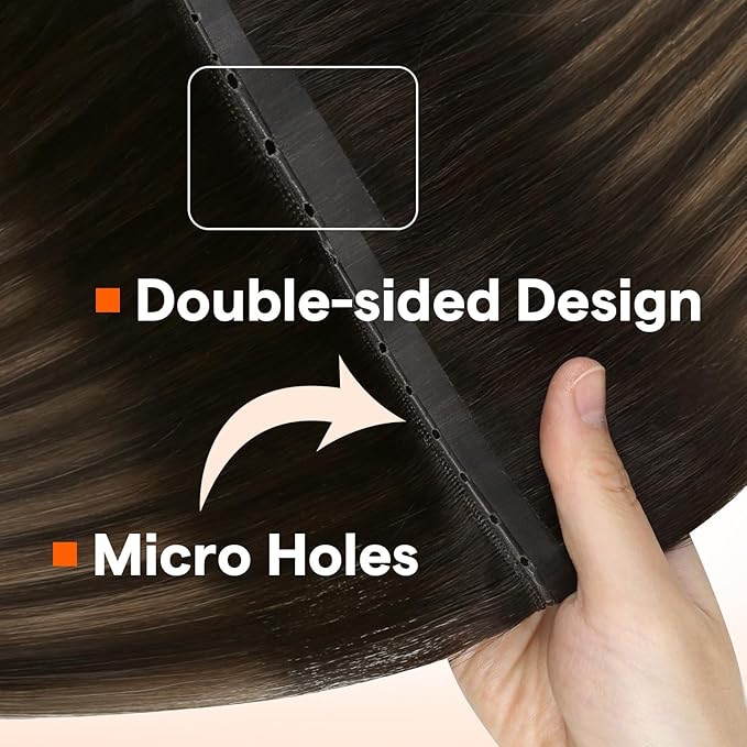 Full Shine Butterfly Weft Hair Extensions Human Hair Double Side Weft Extensions Color Dark Brown Mixed Light Brown Genius Weft Hair Extensions 20 Inch Pu Hole Weft 100 Grams