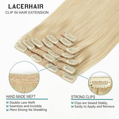 Lacer Hair Extensions 20 Inch Clip in Human Hair LacerHair Thick Lace Clip in Hair Extensions 7pcs Remy Human Hair Platinum Blond Silky Invisible PU Weft 140g