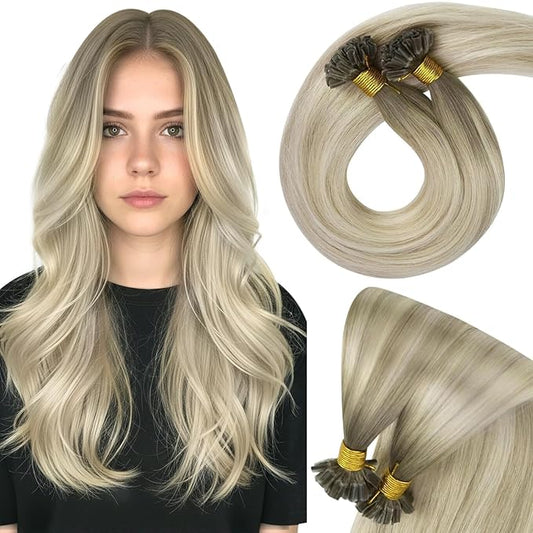 Sunny Hair U Tip Hair Extensions Human Hair Fit Any Scene Keratin Hair Extensions Human Hair Ombre Ash Blonde Balayage Platinum Blonde Ktip Human Hair Extensions 16inch 50g