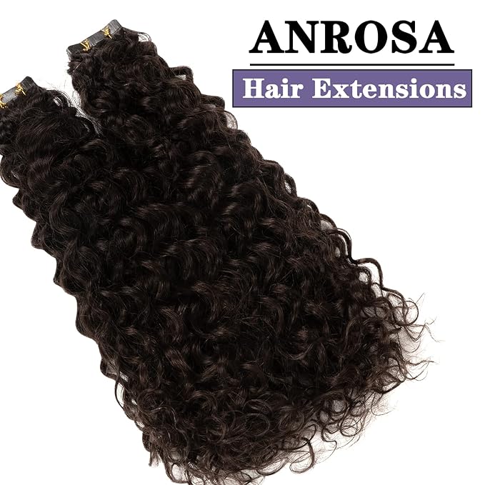 Anrosa Human Hair Tape-in Extensions - Darkest Brown Jerry Curly 3B 3C Kinky Curly for Black Women - 18 Inch, 50g, 20pcs