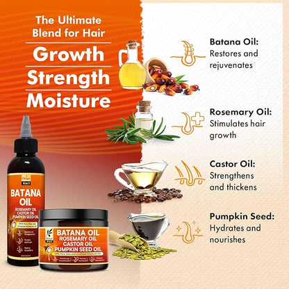 Batana Oil and Cream for Hair Growth Bundle, Rosemary, Castor, and Pumpkin Seed Oils, Pure & Unrefined, Nourishes, Revives Scalp & Strands, Softens, Smooths, Strengthens for All Hair Types