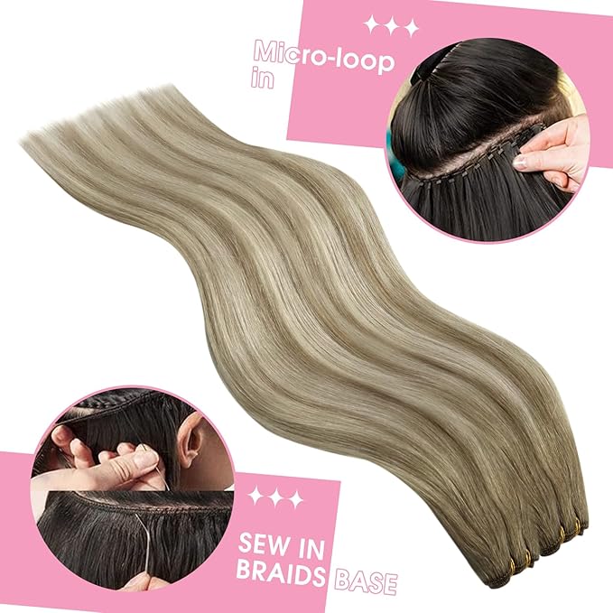 YoungSee Sew in Hair Extensions Balayage Brown Weft Hair Extensions Human Hair Medium Brown Fading to Brown Mix Platinum Soft Sew in Hair Extensions Real Human Hair Hair Loss Coverage 100G 16Inch