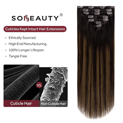 Clip in Hair Extensions Real Human Hair, Silky Remy Hair Extensions Clip Ins, Salon Quality Straight Human Hair for Women, Dark Brown to Chestnut Brown #2TP6/2 22Inch 120G 7PCS