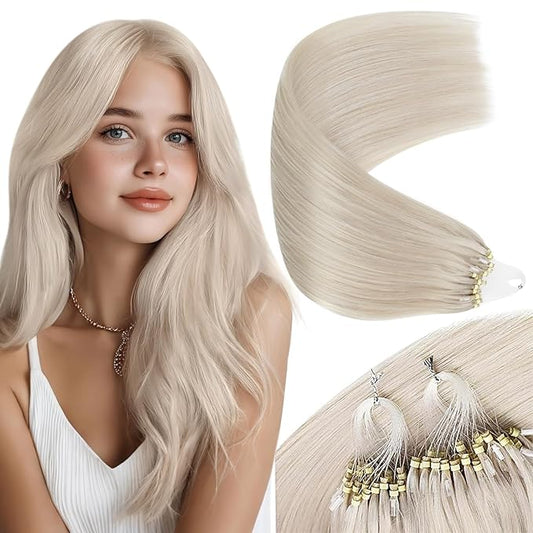 Sunny Hair Micro Link Hair Extensions Human Hair Platinum Blonde Micro Loop Hair Extensions Real Human Hair Natural-looking Micro Beads Hair Extensions Sun-Kissed Glow 16inch 50g