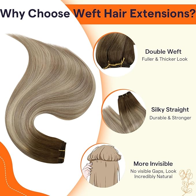 Full Shine Weft Hair Extensions Human Hair #3/8/22 Balayage Sew In Hair Extensions Color Dark Brown To Light Brown Mix Light Blonde Human Hair Extensions Remy Straight Hair 12 Inch