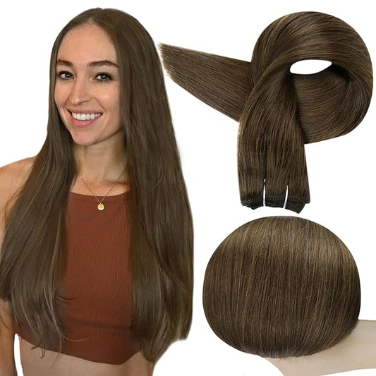 Full Shine Weft Hair Extensions Human Hair Invisible Sew In Human Hair 14 Inch 100G Color Medium Brown Straight Human Hair Bundles Weft Extensions Soft Hair For Women Machine Tied Weft