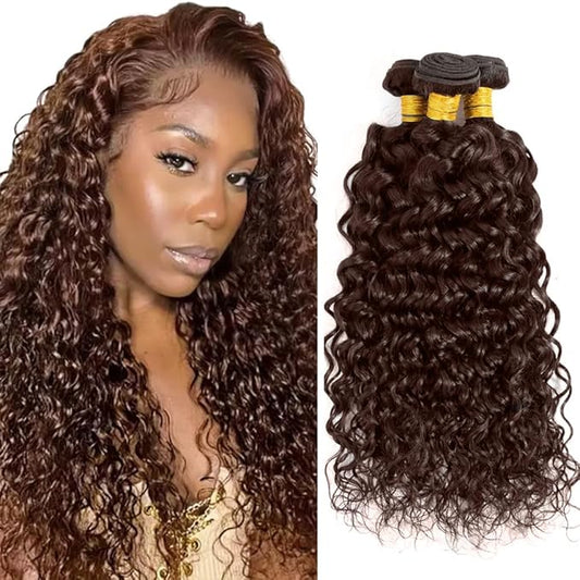 Chocolate Brown Water Wave Bundles Color 4 Human Hair 3 Bundles 16 18 20 Inch Niegmeag Double Weft Brown Wet and Wavy Bundle 300g