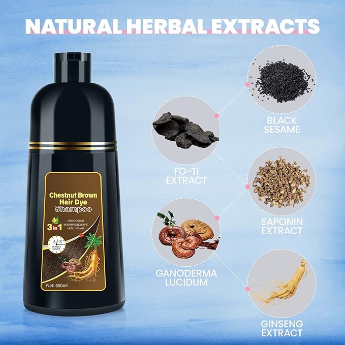 Hair Dye Shampoo for Gray Hair Coverage, 3-in-1 Semi-Permanent Color Shampoo for Women & Men Chestnut Brown