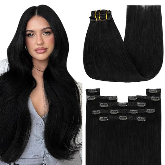 YoungSee Clip in Extensions for Women Black Invisible Clip in Hair Extensions Human Hair Black Soft and Silky Hair Extensions Human Hair Suitable for Thin Hair 120G 22Inch 7Pcs
