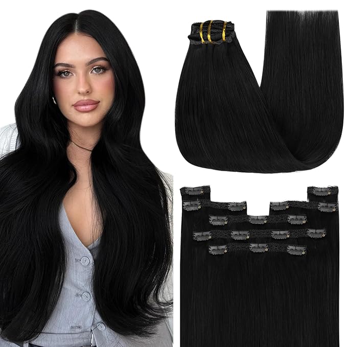YoungSee 24inch Clip in Hair Extensions Human Hair Black Human Hair Extensions Clip ins Jet Black Blend Natural with Own Hair 24Inch 120G 7Pcs