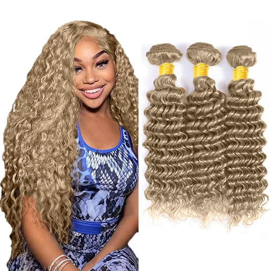 #22 Blonde Bundles Human Hair Deep Wave Bundles 14 16 18 Inch Human Hair Weave 3 Bundle Unprocessed Brazilian Virgin Hair Ash Blonde Deep Wave Human Hair Extensions 50 Grams/Bundle
