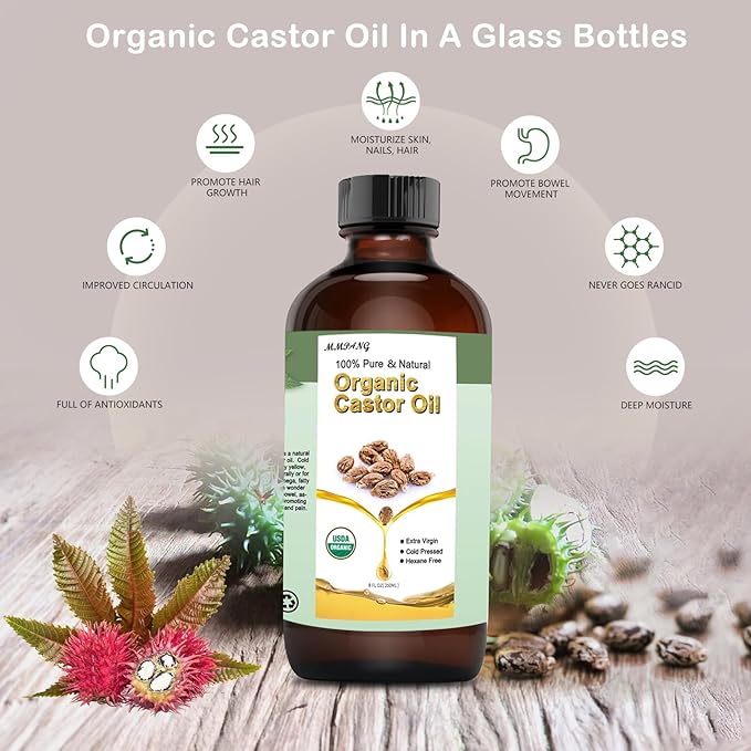 Organic Castor Oil (8.45oz Glass bottle) USDA Certified 100% Pure Natural, Cold Pressed, Hexane Free. Castor Oil for Hair Growth, Thicker Lashes & Fuller Brows
