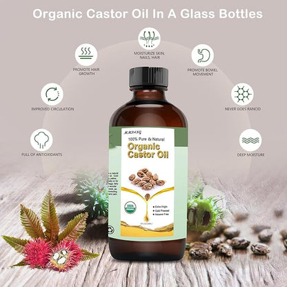 Organic Castor Oil (8.45oz Glass bottle) USDA Certified 100% Pure Natural, Cold Pressed, Hexane Free. Castor Oil for Hair Growth, Thicker Lashes & Fuller Brows