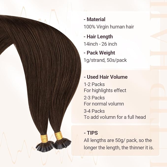 MAXITA U Tip Hair Extensions Human Hair, Chocolate Brown Hair Extensions Real Human Hair, 50g/50 Strands/Pack, 18 In Virgin Human Hair