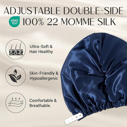 ZIMASILK 22 Momme Adjustable 100% Mulberry Silk Bonnet for Sleeping Women, Silk Hair Wrap for Hair Protection, That Reduces Falling off (1Pc, Navy Blue)