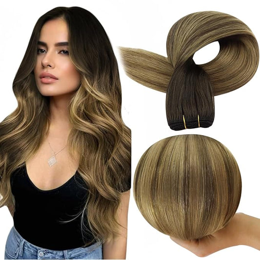 Full Shine Sew In Hair Extensions Balayage Hair Extensions Sew In Weft Hair Extensions Human Hair Color Dark Brown To Ash Brown Mix Blonde Human Hair Weft 105G 22 Inch