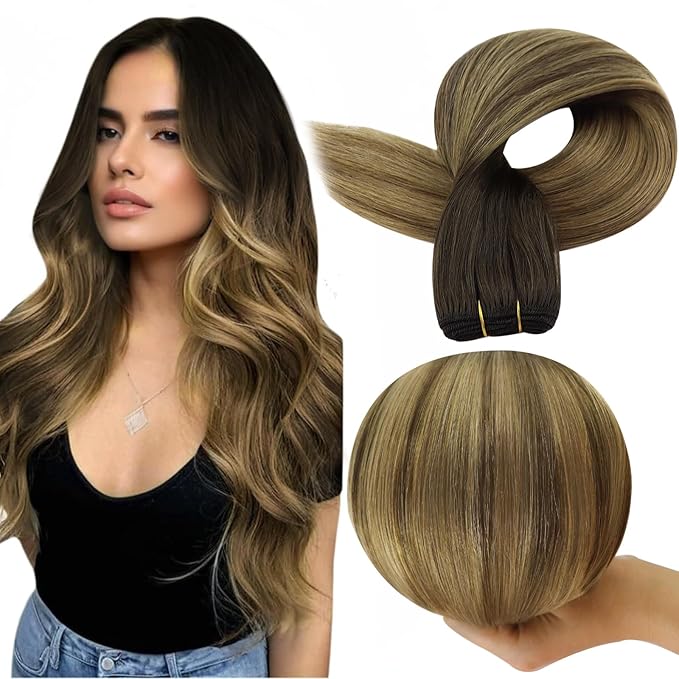 Full Shine Weft Hair Extensions Human Hair Remy Straight Hair Weft Extensions Sew In Hair Extensions Balayage Color Brown To Ash Brown Mix Blonde Human Hair Bundles For Women 14 Inch 100G