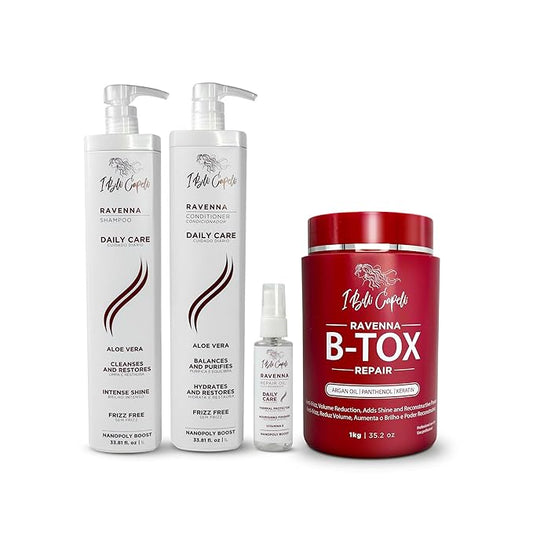 Ravenna Hair Straightening Kit – Repair Hair B-tox, Aloe Vera Shampoo & Conditioner, Repair Oil – Anti-Frizz, Intense Hydration, Shine – Formaldehyde-Free – For All Hair Types (4-Pack)