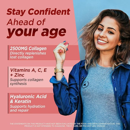 Sugar-Free 2500 mg Liposomal Collagen Peptides Gummies, w/Biotin, NAD+, Resveratrol, Astaxanthin, A+C+E, Type I, II, III, V, X - 80% Marine Collagen Gummies for Women Men - Skin, Hair & Nails, 60CT
