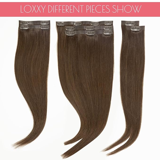 Loxxy Seamless Clip in Hair Extensions Remy Human Hair Chocolate Brown Inviisble PU Hair Extensions Clip in Human Hair Double Weft Silky Straight Thich End #4 7 Pieces 110g 14inch