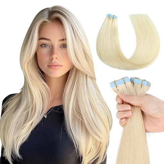 Missme Tape in Hair Extensions Human Hair 18 inch 20 Pcs 50g #60 Platinum Blonde Tape ins Human Hair Extensions Remy Hair Skin Weft Seamless Invisible Silky Straight Thick Ends Add Length