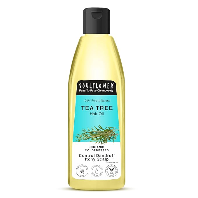Soulflower Tea Tree Hair Oil for Dandruff & Hair Loss Control, Scalp Treatment - 100% Pure, Organic, Natural, Coldpressed, Vegan - 225 ml