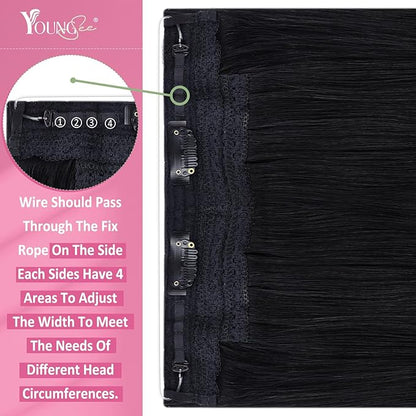 YoungSee Wire Hair Extensions Jet Black Hair Extensions Wire Natural Black Wire Hair Extensions Real Human Hair Invisible Fish Line Hair Extensions Short Human Hair Extensions 12Inch 70g