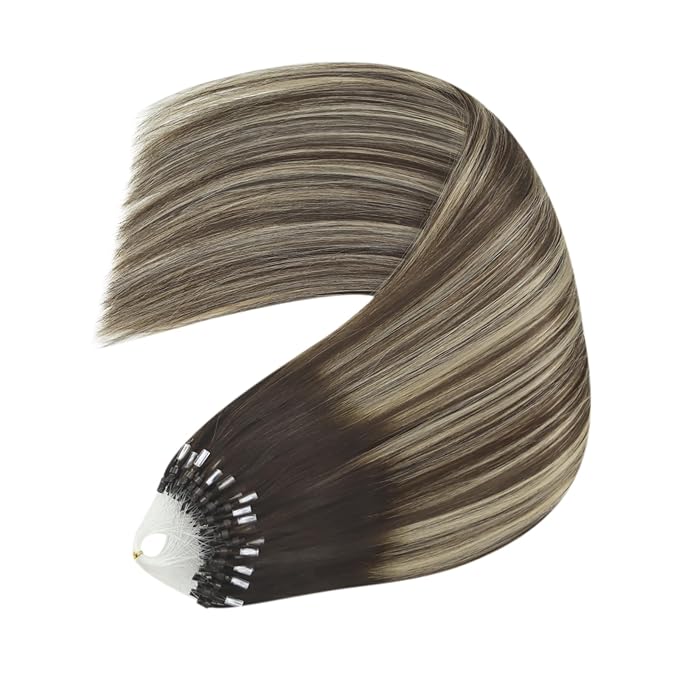 YoungSee Microlink Hair Extensions Human Hair Balayage Microloop Hair Extensions Human Hair Dark Brown Roots Ombre Blonde Bead Hair 18In 50g 50s Remy Extensions for Thin Hair