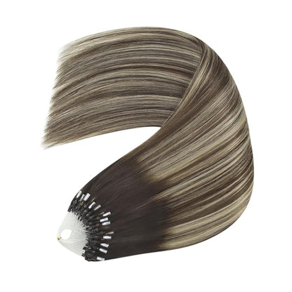 YoungSee Microlink Hair Extensions Human Hair Balayage Microloop Hair Extensions Human Hair Dark Brown Roots Ombre Blonde Bead Hair 18In 50g 50s Remy Extensions for Thin Hair