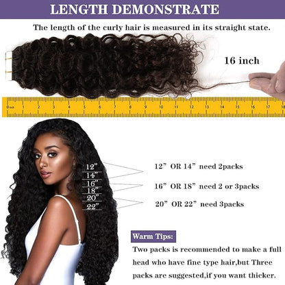 Anrosa Jerry Curly Hair Extensions Real Human Hair Tape in Darkest Brown Seamless Skin Weft Kinky Curly Hair Extensions Human Hair 20 inch Full Head Tape in Extensions for Black Women 50g 20pcs