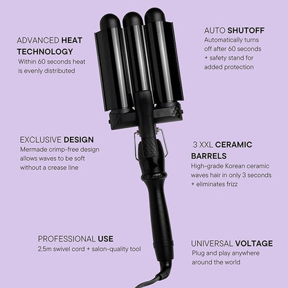 Mermade PRO Hair Waver 1.25" - 3 Barrel Curling Iron 1 1/4 Inch, Ceramic Barrel Waver for Thick, Thin, Long, or Short Hair - 1.25", Black