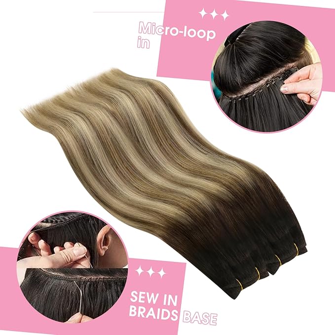 YoungSee Sew in Hair Extensions Real Human Hair Brown Balayage Weft in Extensions Darkest Brown to Brown with Blonde Rooted Brown Thick Human Hair Weft Extensions Long for Women 24Inch 100G