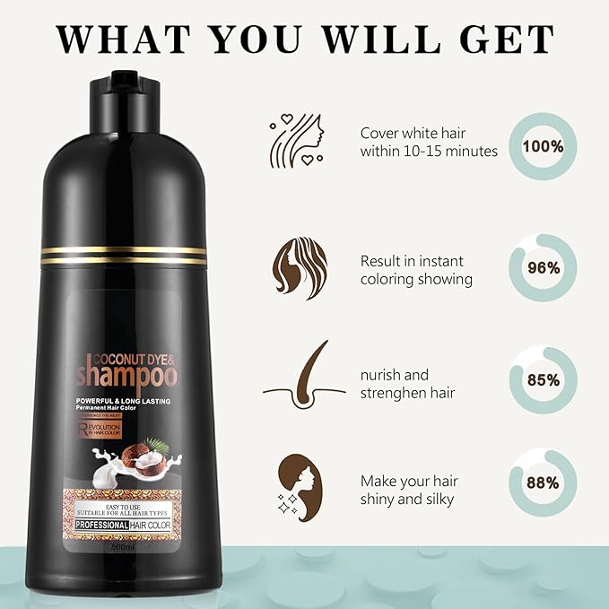 Dark Brown Hair Dye Shampoo, Instant Hair Color Shampoo, Covers Gray in Minutes, Long Lasting Brown Hair Dye, Coconut Dye Shampoo, Easy to Use 16.90 Fl Oz