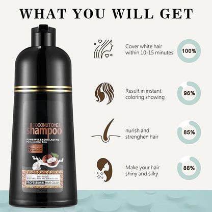 Dark Brown Hair Dye Shampoo, Instant Hair Color Shampoo, Covers Gray in Minutes, Long Lasting Brown Hair Dye, Coconut Dye Shampoo, Easy to Use 16.90 Fl Oz