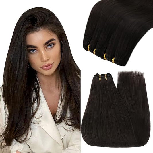 YoungSee Sew in Hair Extensions Real Human Hair Brown Human Hair Sew in Extensions Darkest Brown Silky Texture Weft Human Hair Extensions Brown Hair Extensions Real Human Hair Weft 20Inch 100G