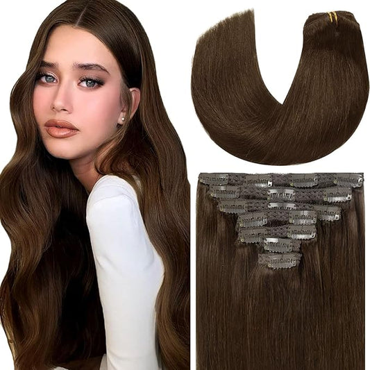 Loxxy 20Inch Clip in Hair Extensions Real Human Hair 140g 7pcs Light Dark Brown Seamless Silky Straight Clip in Hair Extensions Brazilian Remy Human Hair Extensions For Women