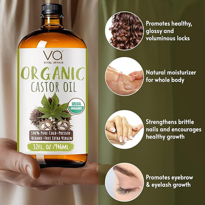 Pure Organic Castor Oil 32oz – Cold Pressed, Unrefined, USDA Organic – Glass Bottle for Hair Growth, Eyelashes, Eyebrows, Face & Castor Oil Packs