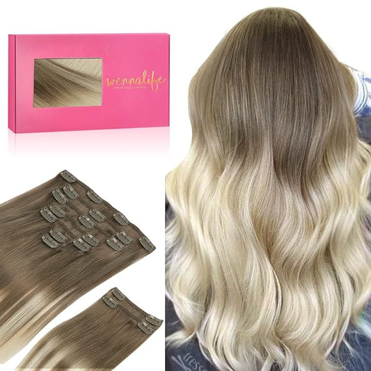 WENNALIFE Clip in Hair Extensions Real Human Hair, 14 Inch 150g 9pcs Human Hair Extensions Clip In, Ombre Sandy Brown to Platinum Blonde Hair Extensions Clip In Real Remy Human Hair