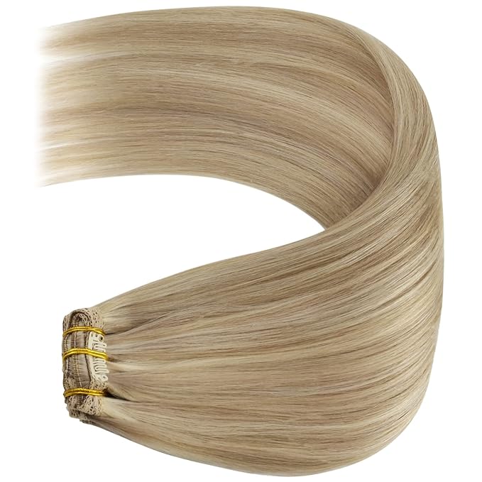 YoungSee Clip in Hair Extensions Human Hair Highlight Lace Clip in Extensions Real Human Hair Dark Ash Blonde Highlights Golden Blonde Remy Human Hair Extensions Clip ins Blonde 16Inch 7Pcs 120G