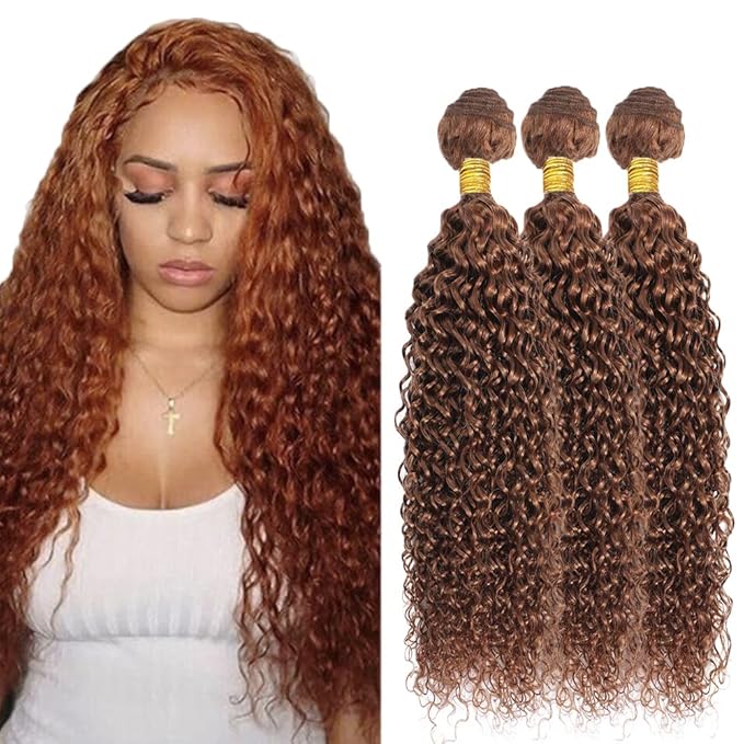 28 30 32 Inch Color #30 Human Hair Bundles Light Brown Water Wave Bundle Niegmeag Double Weft Peruvian Virgin Light Brown Wet and Wavy Bundle