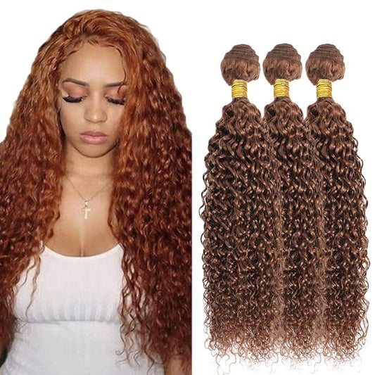 28 30 32 Inch Color #30 Human Hair Bundles Light Brown Water Wave Bundle Niegmeag Double Weft Peruvian Virgin Light Brown Wet and Wavy Bundle