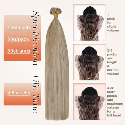 Sunny Hair Flat Tip Hair Extensions Blonde Flat Tip Real Hair Extensions Ash Blonde Mix Bleach Blonde Highlight Hot Fusion Keratin Bond Flat Tip Hair Extensions Silky Straight Long Hair 50g 22inch