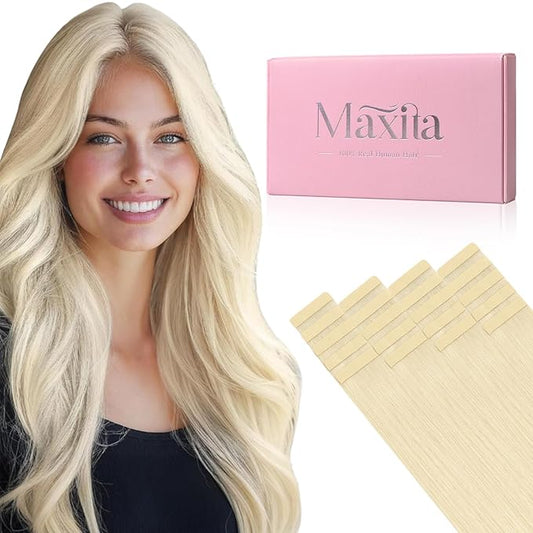MAXITA Hair Extensions Real Human Hair Tape in, 50g 16 Inch Platinum Blonde Invisible Tape in Extensions Human Hair 20pcs Invisible Seamless Hair Extensions Straight Hair