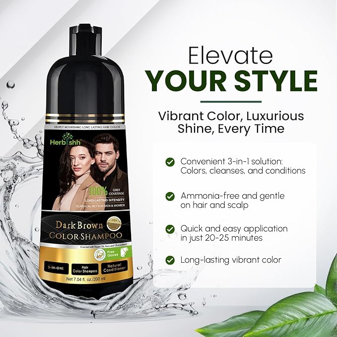 Herbishh Dark Brown Hair Dye Shampoo 200ml + Argan Hair Mask 150ml – Grey Coverage & Deep Repair Combo – Sulfate-Free & Paraben-Free