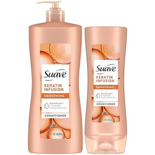 Suave Keratin Infusion Smoothing Conditioner 2-Size Bundle, Gentle Everyday Moisture for Smooth, Manageable Hair, 48H Frizz Control