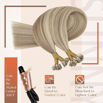 Sunny Hair 18inche Flat Tip Hair Extensions Human Hair Soft Pre Bonded Hair Extensions Ash Blonde Highlight Golden Blonde Flat Tips Hair Extensions Remy Hair Extensions Flat Tip for Women 50g 50s